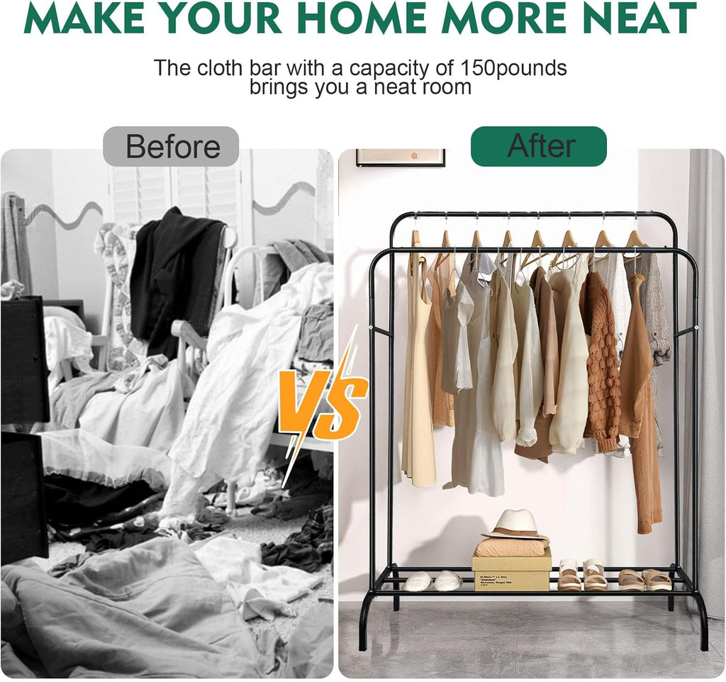 Double Rail Clothes Rack with Storage Shelf, Metal Freestanding Garment Rack for Bedroom, Black