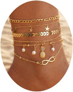 Gold Plated Pearl Heart Butterfly Anklets Set