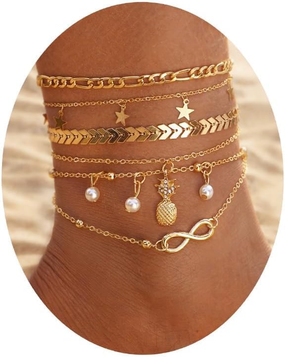 Gold Plated Pearl Heart Butterfly Anklets Set