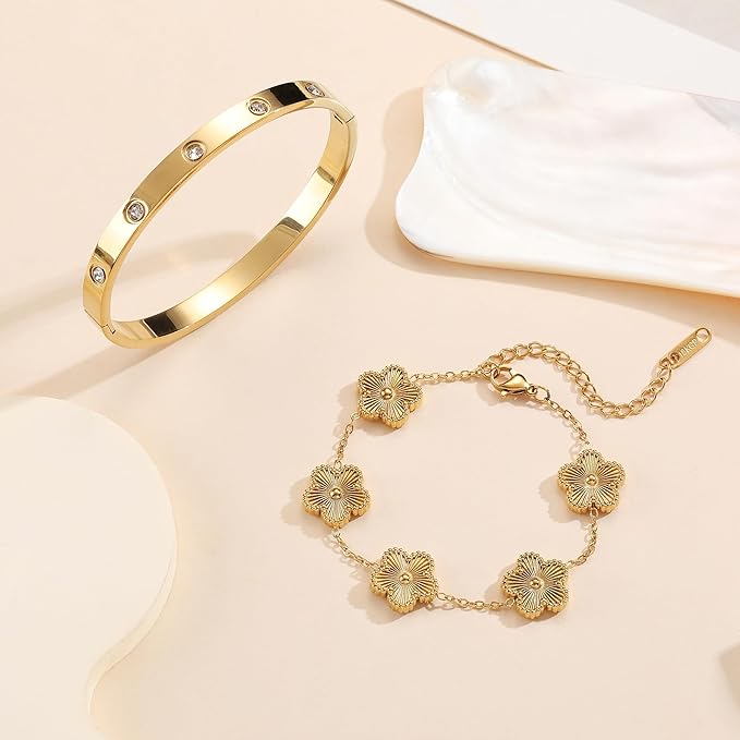 18K Gold Plated Clover Bracelet Set for Women