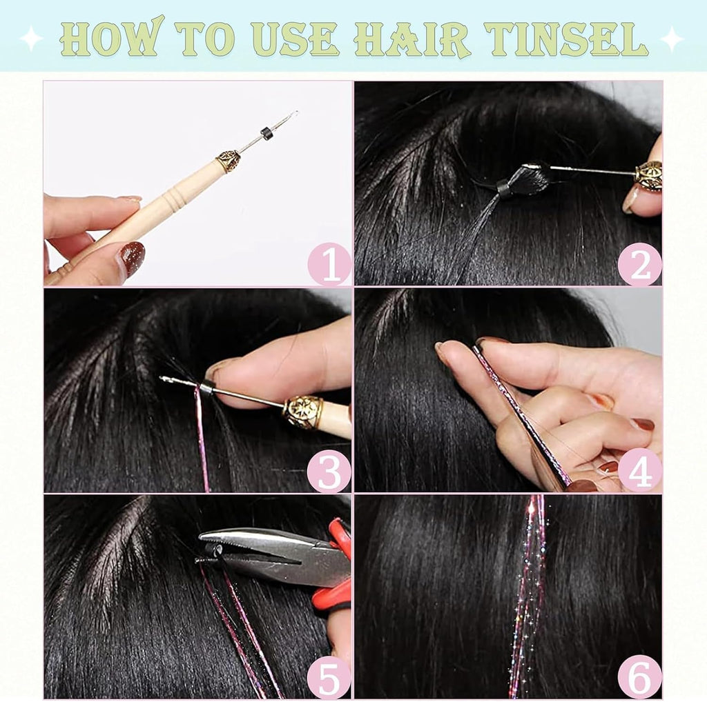 Tinsel Hair Extensions with Tool 18 Colors