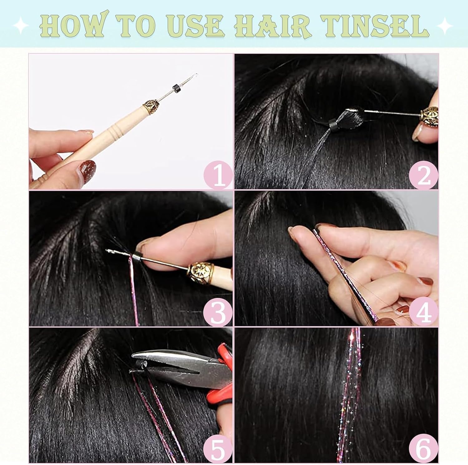 Tinsel Hair Extensions with Tool 18 Colors