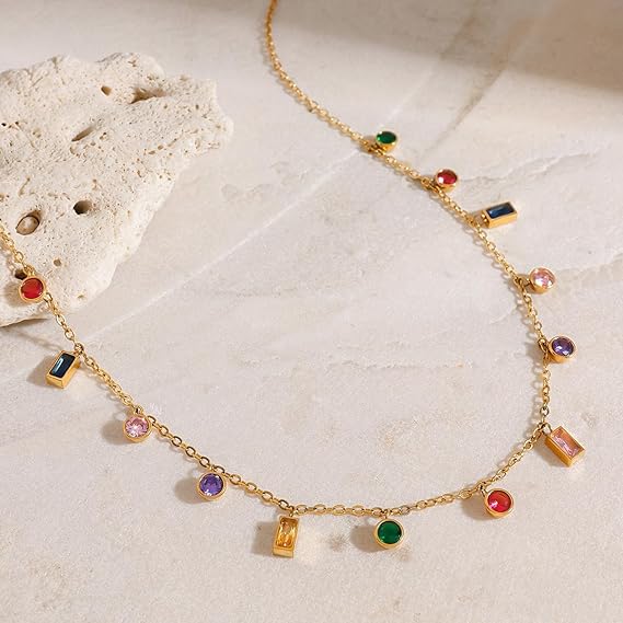 Multi-Color Crystal Pendant Necklace Gold Plated