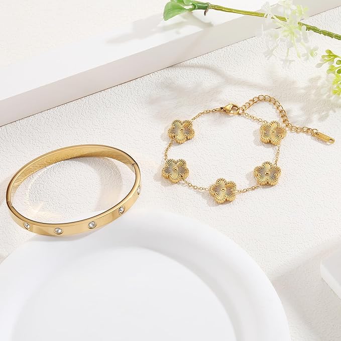 18K Gold Plated Clover Bracelet Set for Women