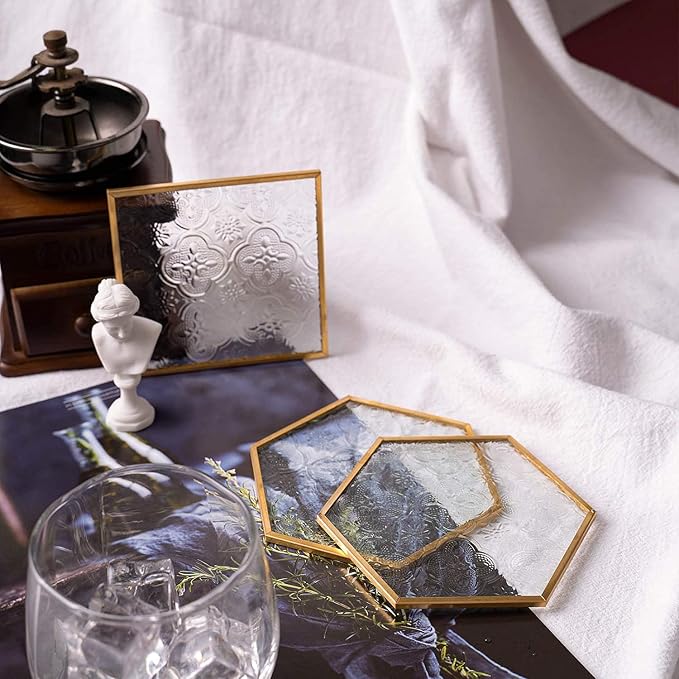 6-Piece Gold Glass Drink Coasters Set with Brass Edge