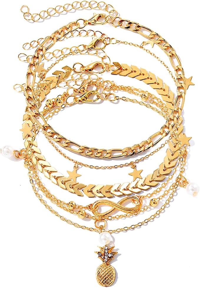 Gold Plated Pearl Heart Butterfly Anklets Set