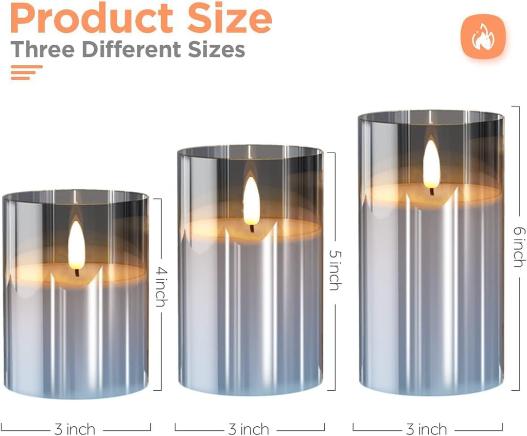 Smoke Grey Glass Flameless LED Candles 3 Pcs