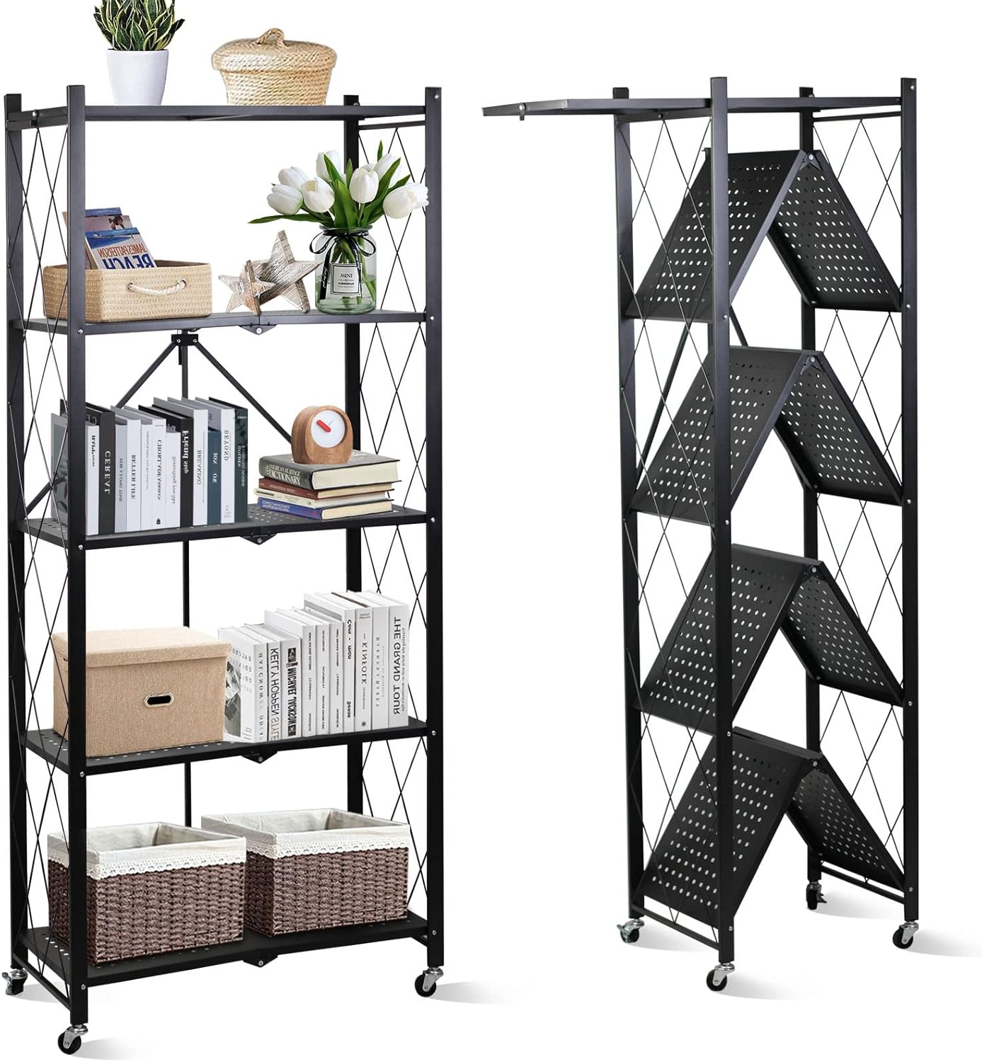 5 Tier Foldable Storage Shelf Rack – Multipurpose Metal Storage Organizer for Kitchen– Easy Assembly – Black