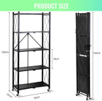 5 Tier Foldable Storage Shelf Rack – Multipurpose Metal Storage Organizer for Kitchen– Easy Assembly – Black