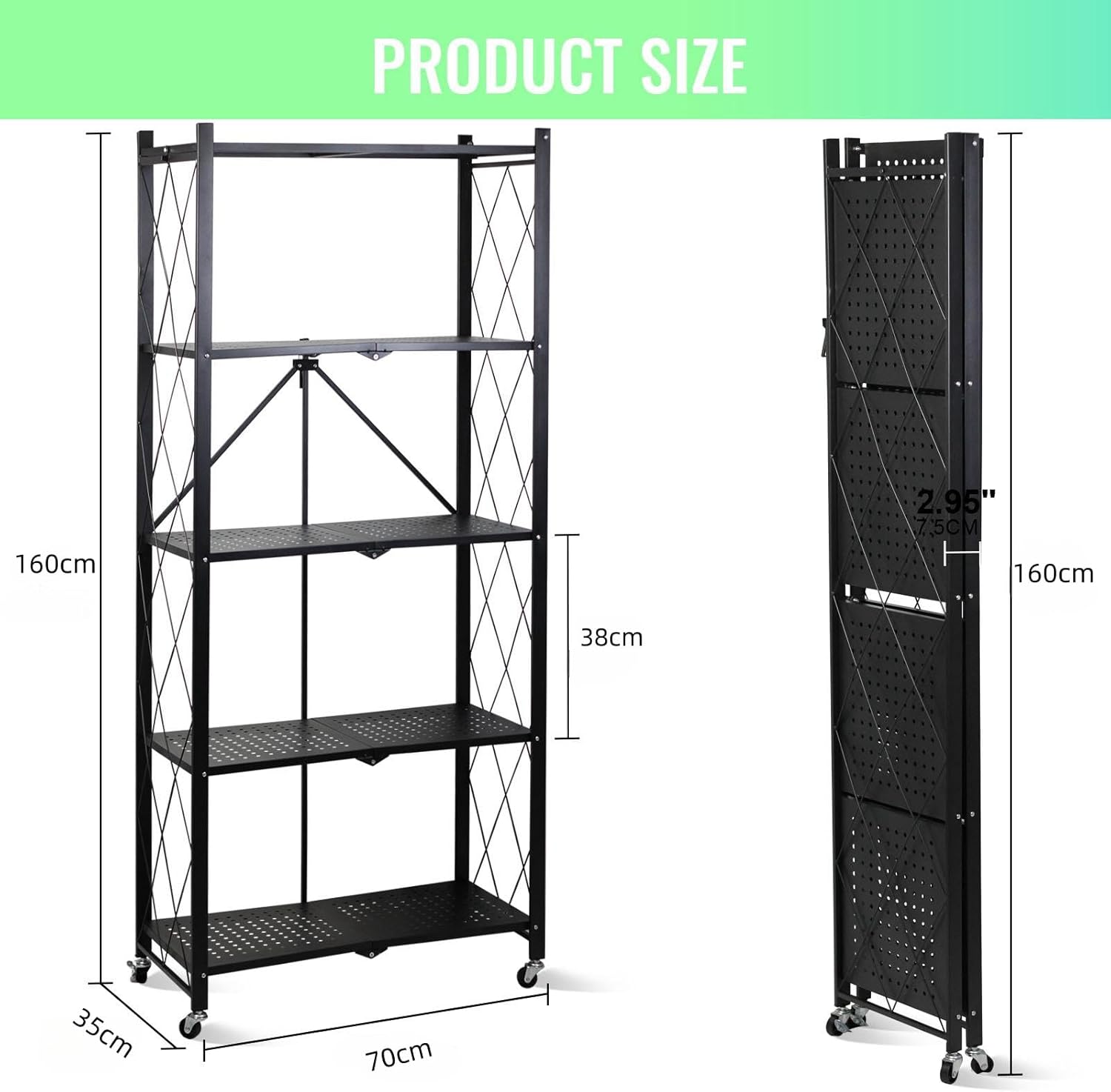 5 Tier Foldable Storage Shelf Rack – Multipurpose Metal Storage Organizer for Kitchen– Easy Assembly – Black