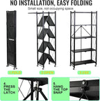 5 Tier Foldable Storage Shelf Rack – Multipurpose Metal Storage Organizer for Kitchen– Easy Assembly – Black