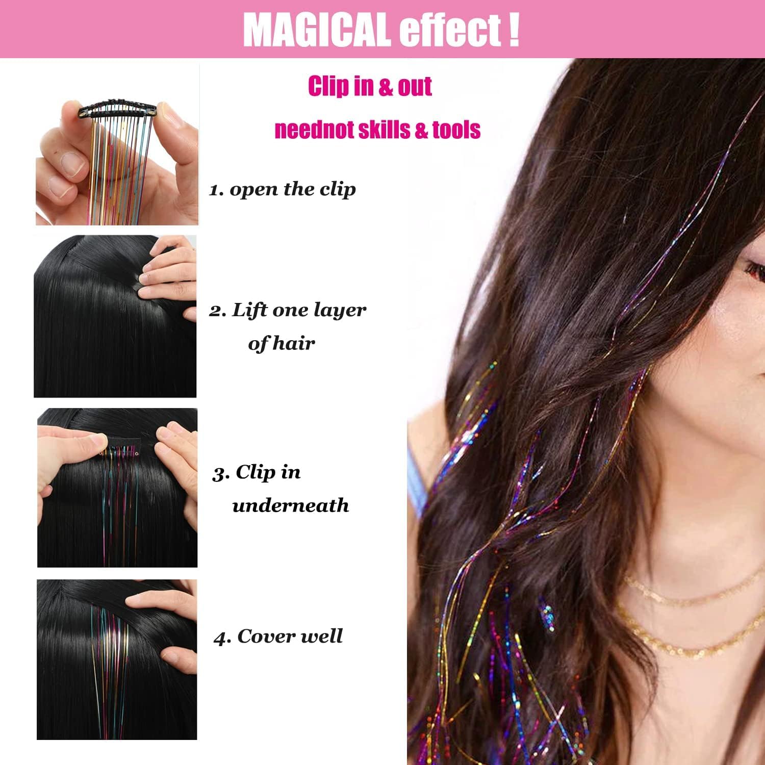 Glitter Tinsel Hair Extensions Clip 12 Pcs