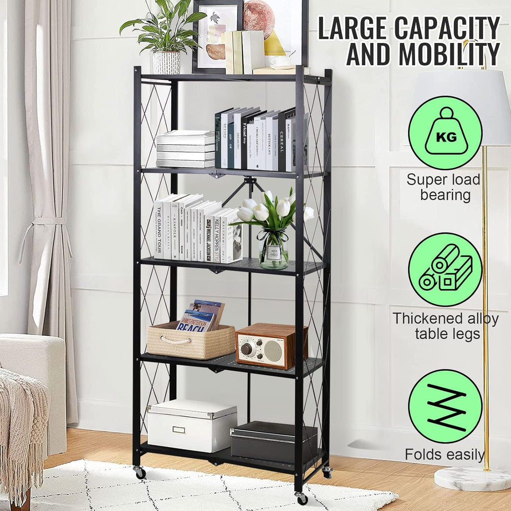 5 Tier Foldable Storage Shelf Rack – Multipurpose Metal Storage Organizer for Kitchen– Easy Assembly – Black