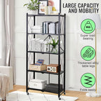 5 Tier Foldable Storage Shelf Rack – Multipurpose Metal Storage Organizer for Kitchen– Easy Assembly – Black