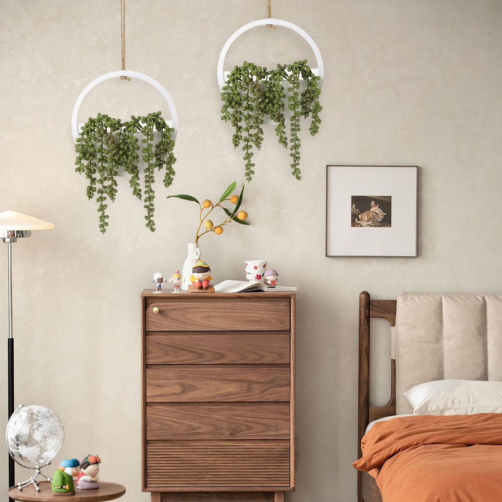 2 Pcs Artificial Hanging Plants with Wood Pot