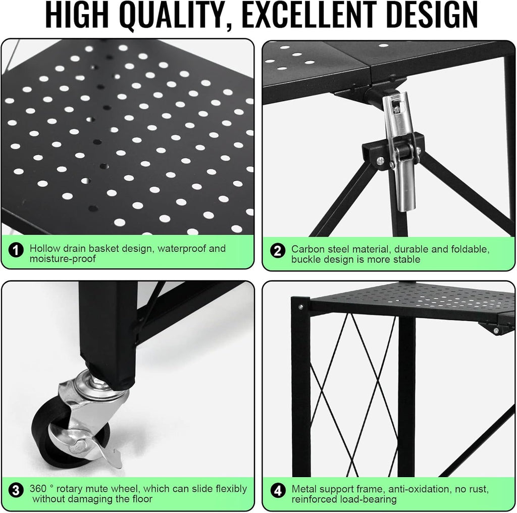 5 Tier Foldable Storage Shelf Rack – Multipurpose Metal Storage Organizer for Kitchen– Easy Assembly – Black