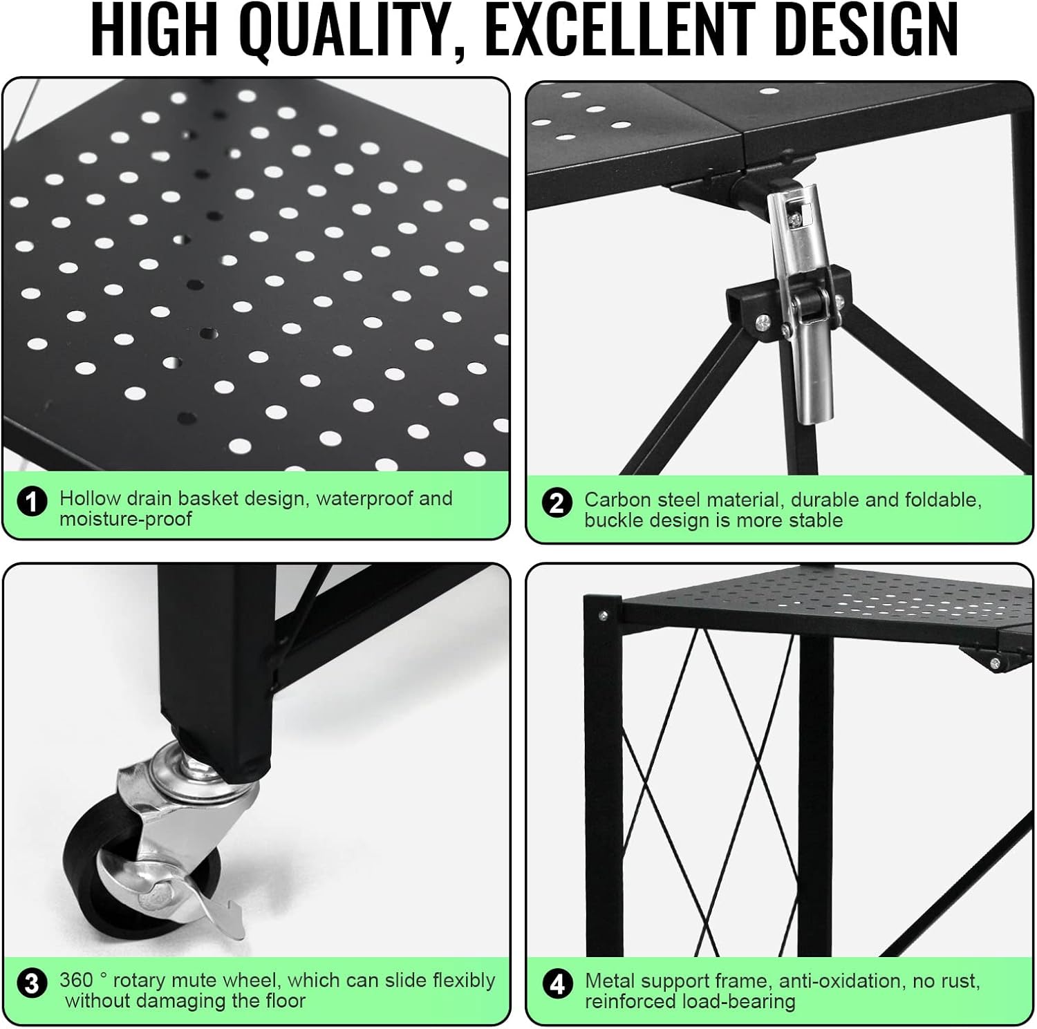 5 Tier Foldable Storage Shelf Rack – Multipurpose Metal Storage Organizer for Kitchen– Easy Assembly – Black