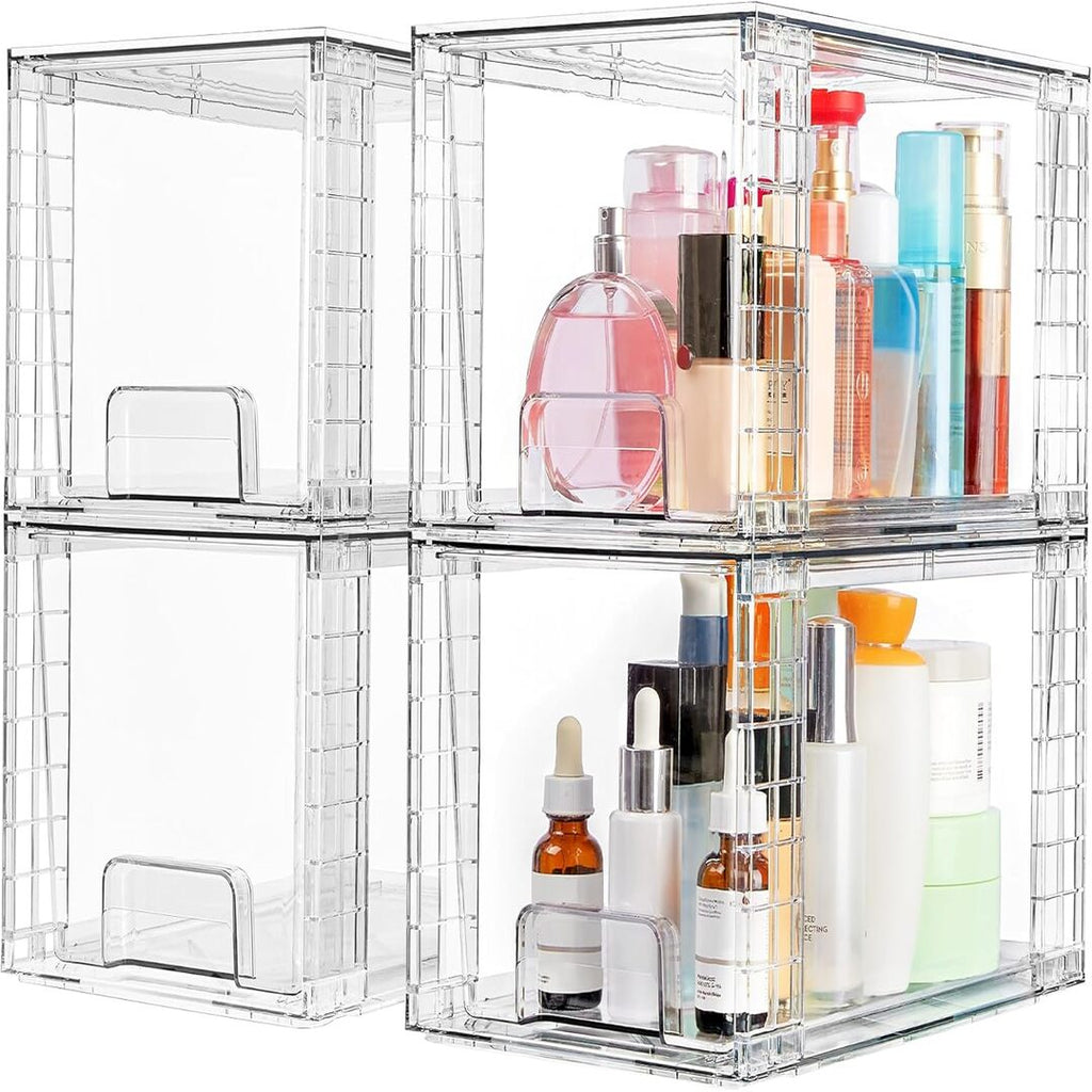 Large Stackable Acrylic Storage Drawers, 4-Pack Clear Plastic Organizer Bins