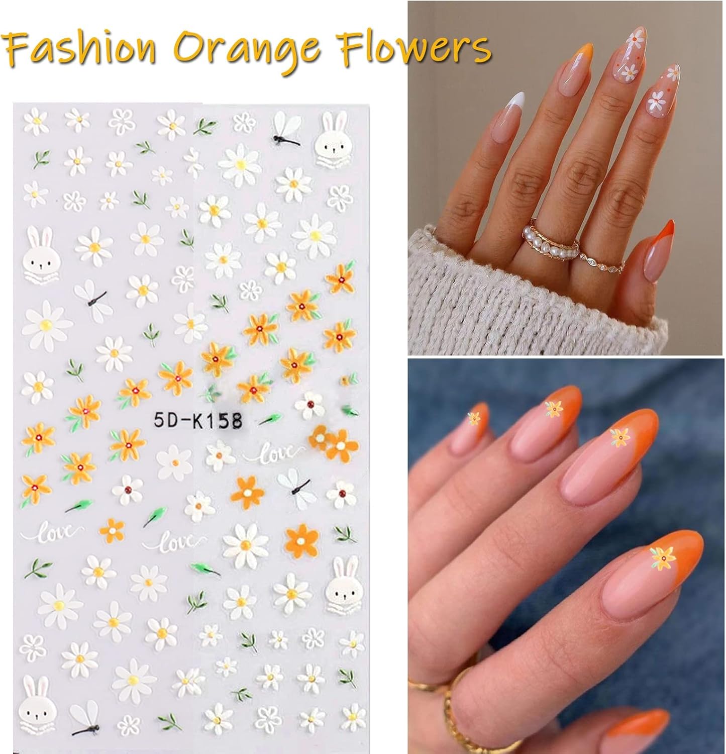 Spring Daisy Flower Nail Stickers 5D Embossed