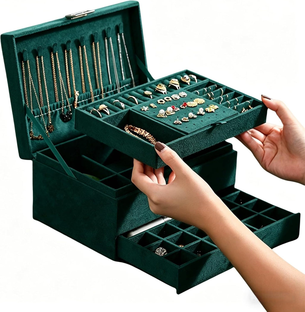 3-Layer Velvet Jewelry Box Organizer with Lock