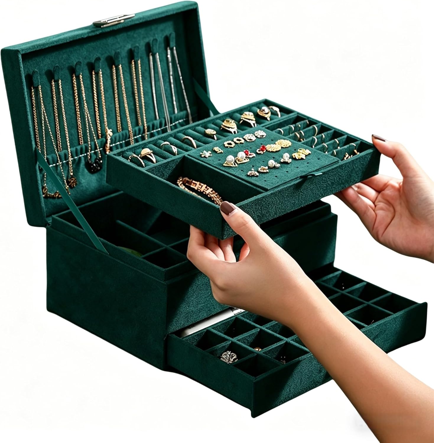 3-Layer Velvet Jewelry Box Organizer with Lock