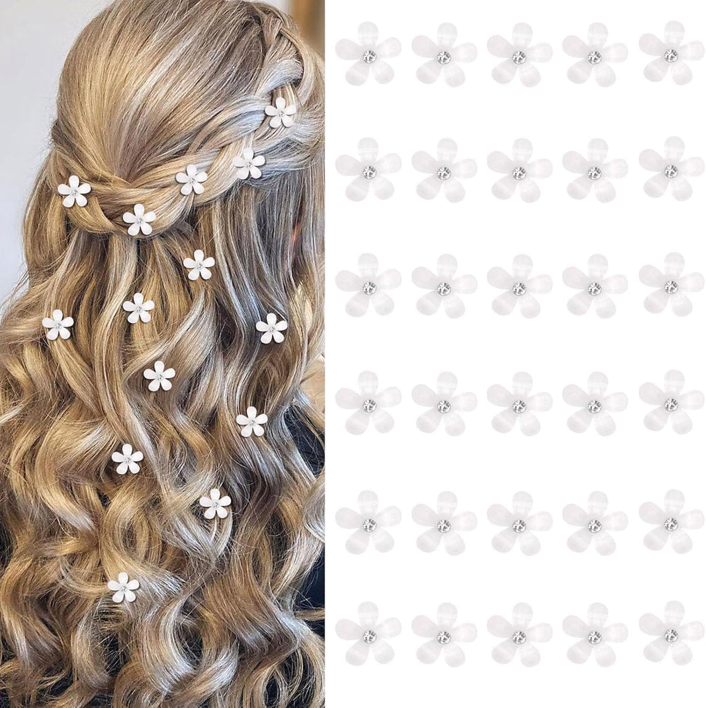 30 Pcs Mini White Rhinestone Flower Hair Clips