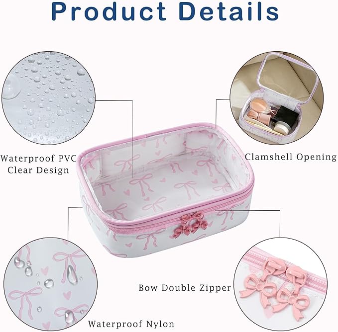 Transparent Pink Bow Makeup Bag for Women & Girls