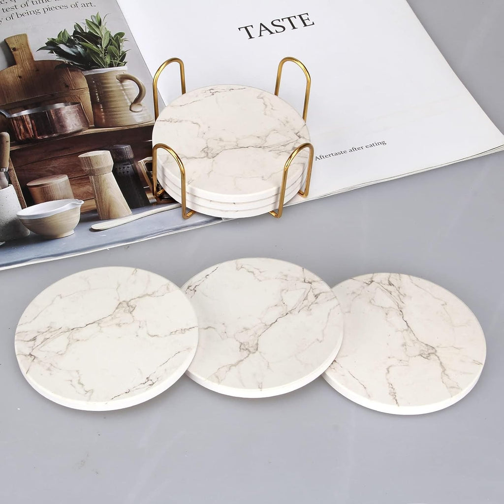 White Marble Coasters Set of 6 with Holder