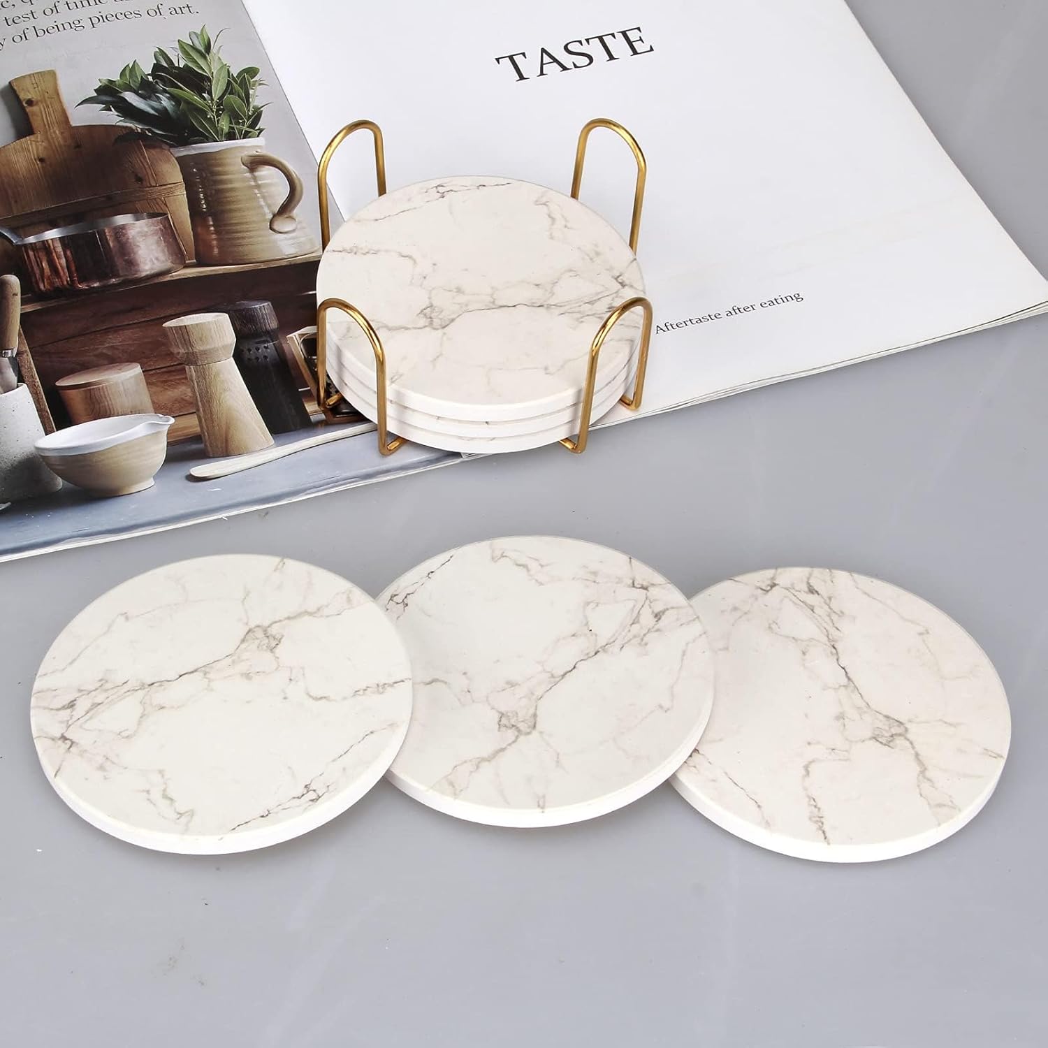 White Marble Coasters Set of 6 with Holder