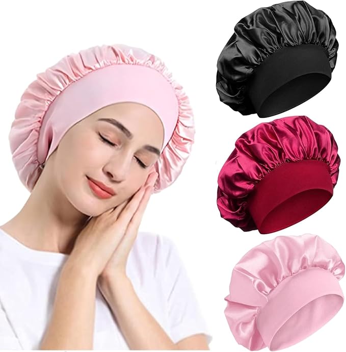 3 Pcs Satin Soft Head Scarf with Curly Hair 