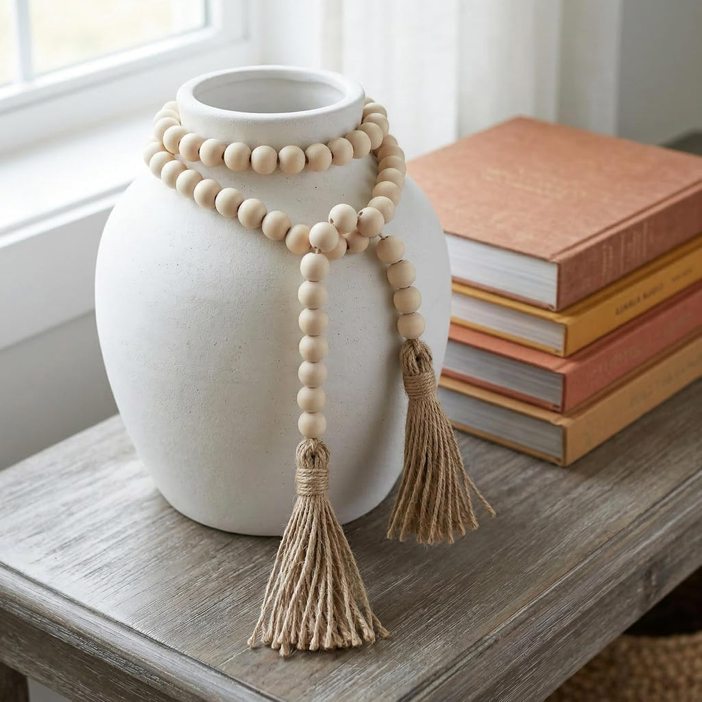 Farmhouse Wood Bead Garland 58in with Tassels