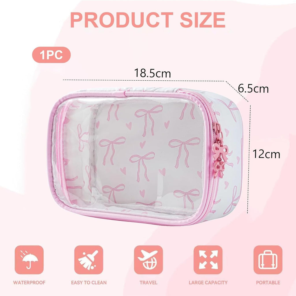 Transparent Pink Bow Makeup Bag for Women & Girls