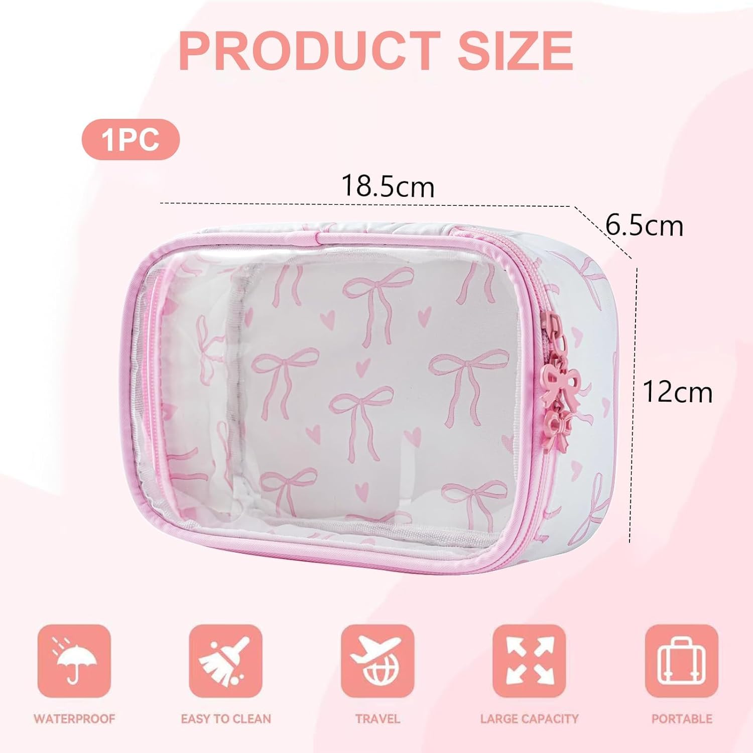 Transparent Pink Bow Makeup Bag for Women & Girls
