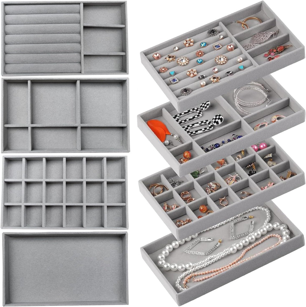 4 Pcs Velvet Jewelry Organizer Tray Set 