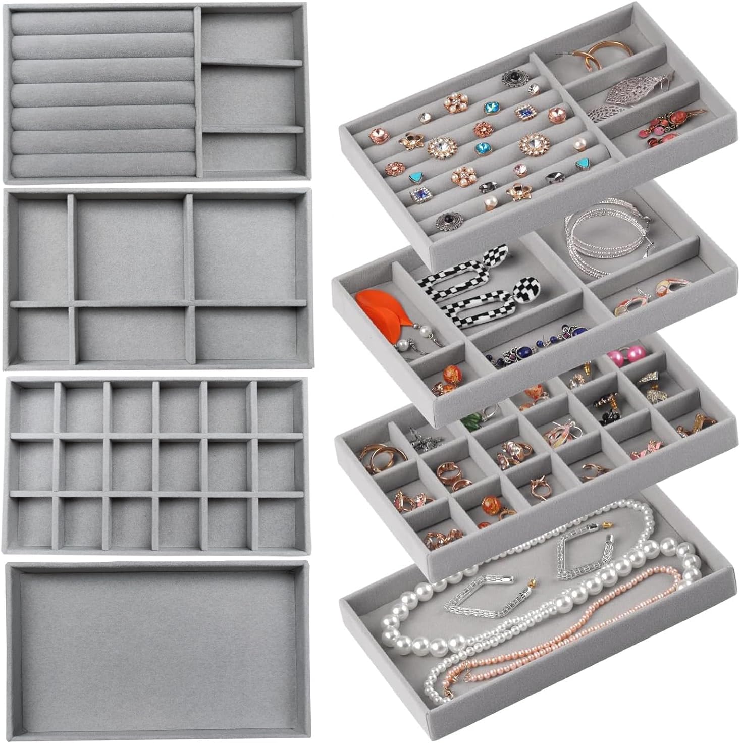 4 Pcs Velvet Jewelry Organizer Tray Set 