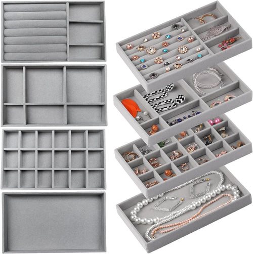 4 Pcs Velvet Jewelry Organizer Tray Set 