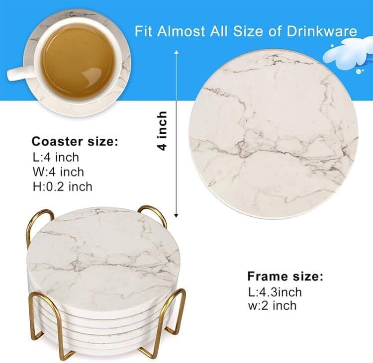White Marble Coasters Set of 6 with Holder