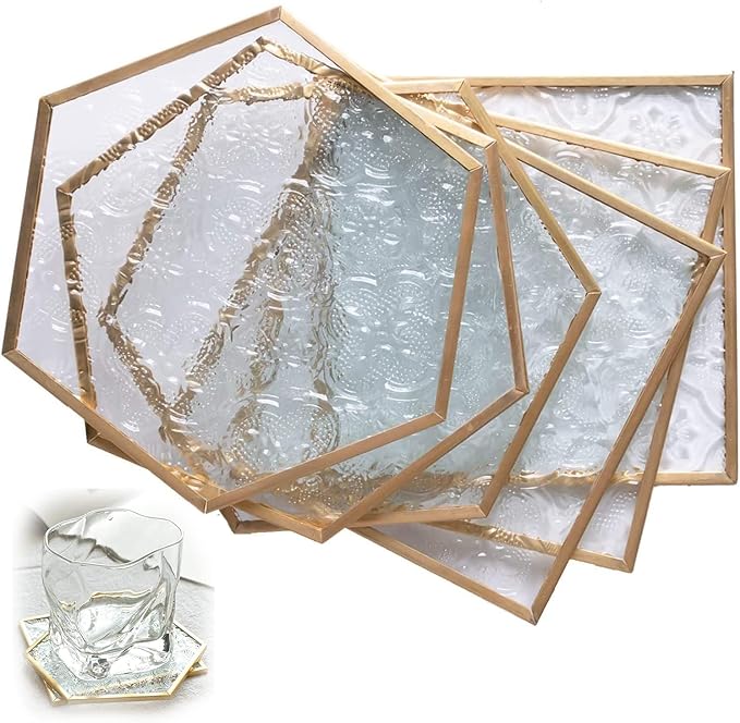6-Piece Gold Glass Drink Coasters Set with Brass Edge