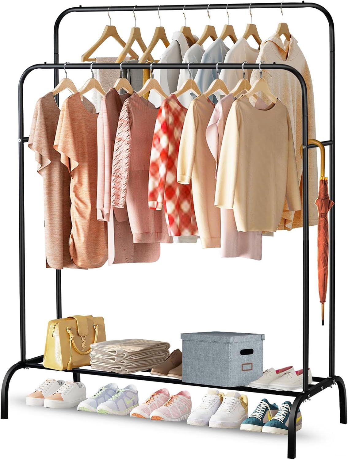 Double Rail Clothes Rack with Storage Shelf, Metal Freestanding Garment Rack for Bedroom, Black