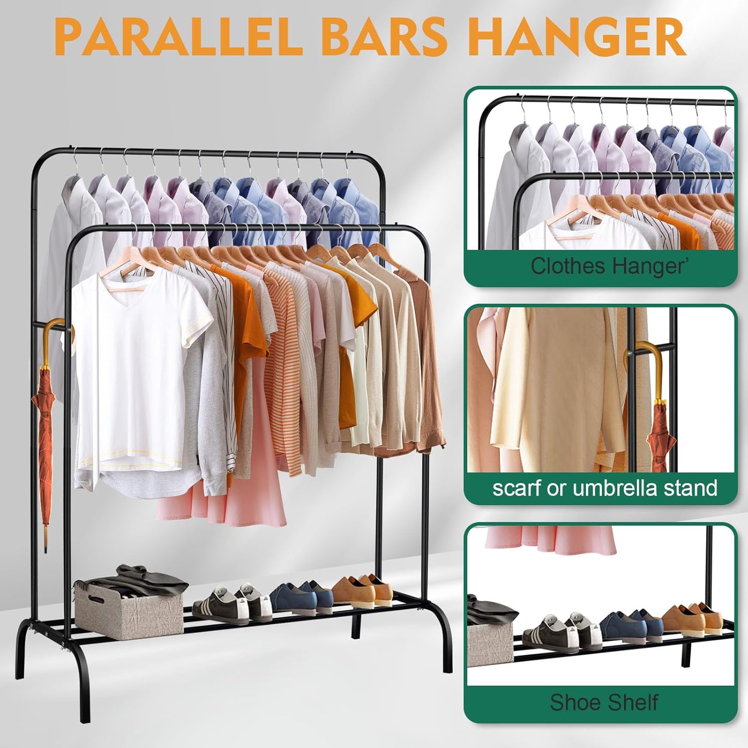 Double Rail Clothes Rack with Storage Shelf, Metal Freestanding Garment Rack for Bedroom, Black