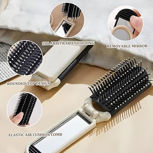 Folding Travel Hair Brush with Detachable Mirror