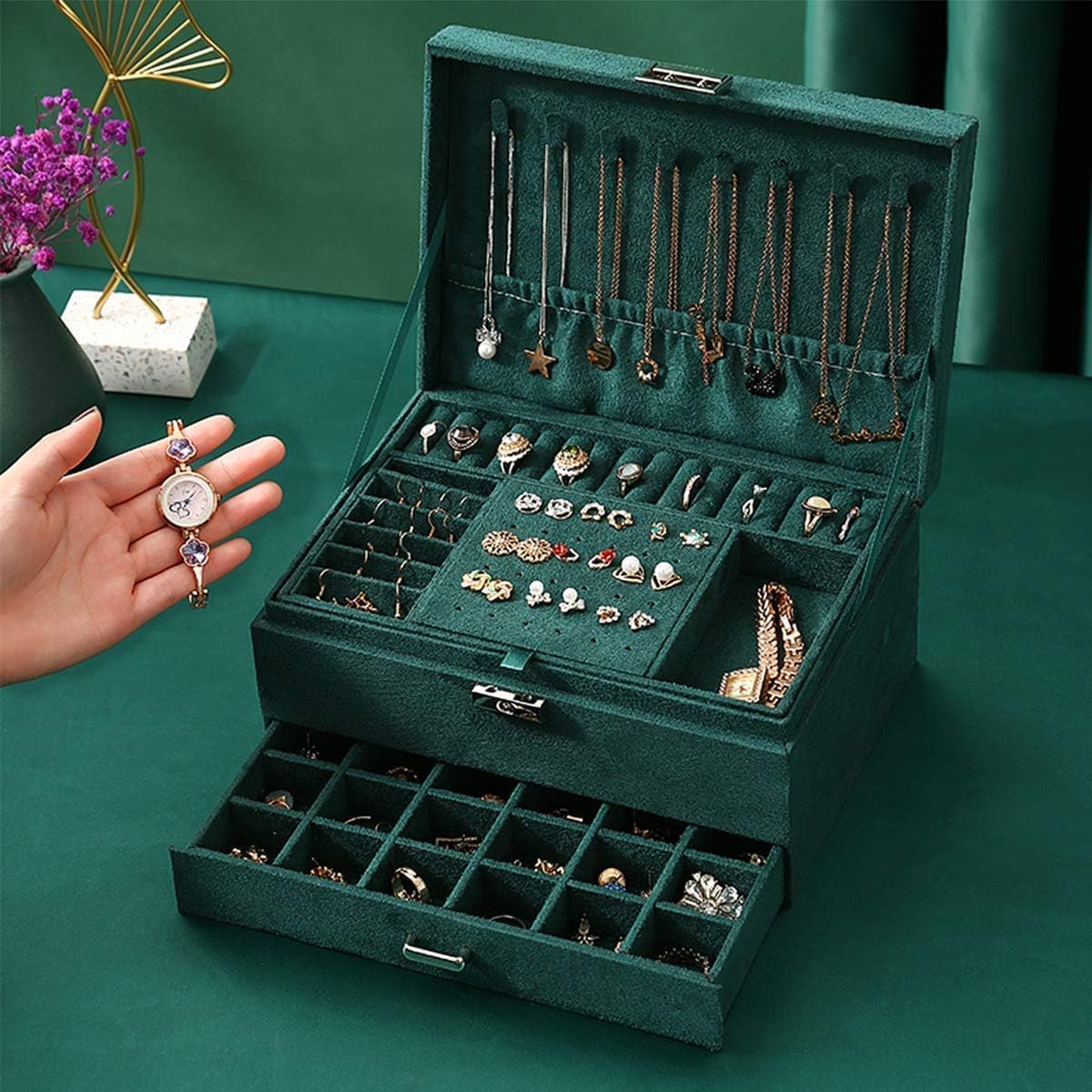 3-Layer Velvet Jewelry Box Organizer with Lock