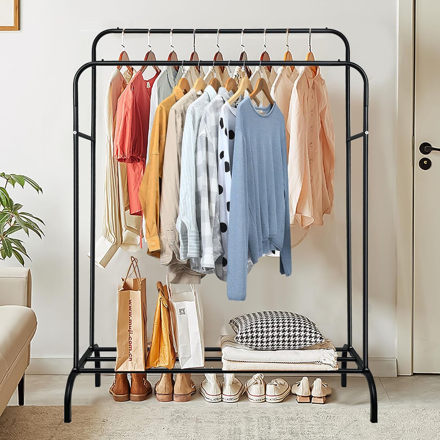 Double Rail Clothes Rack with Storage Shelf, Metal Freestanding Garment Rack for Bedroom, Black