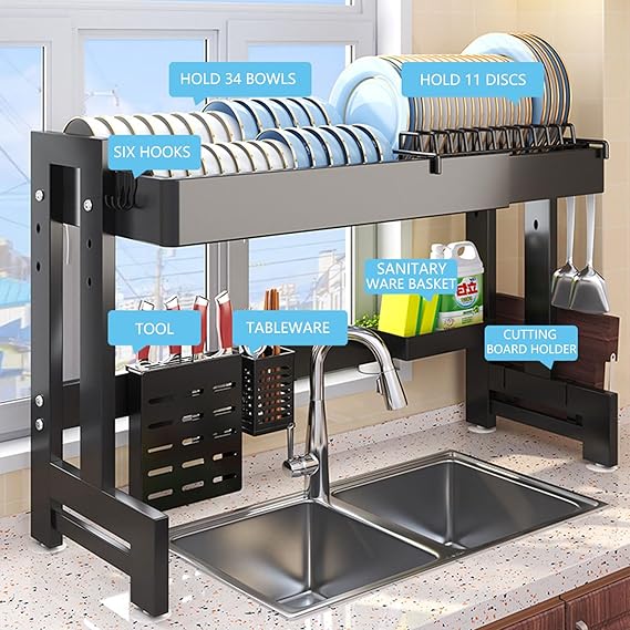 Adjustable Over Sink Dish Drying Rack – Expandable Heavy Duty Kitchen Organizer