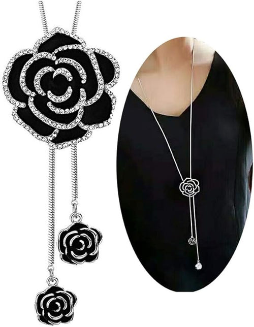 Black Crystal Rose Flower Pendant Necklace 