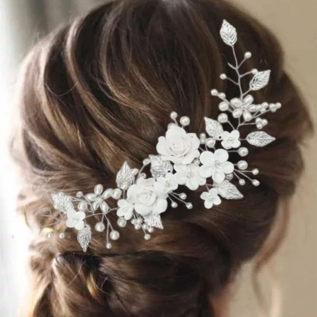 Bridal Flower Hair Vine with Pearls & Leaves 