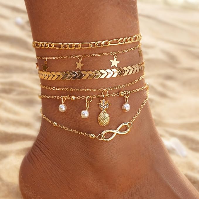 Gold Plated Pearl Heart Butterfly Anklets Set