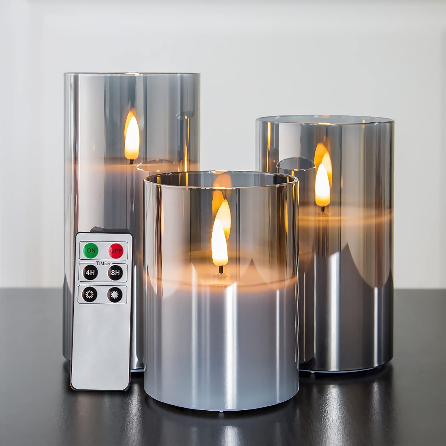 Smoke Grey Glass Flameless LED Candles 3 Pcs 