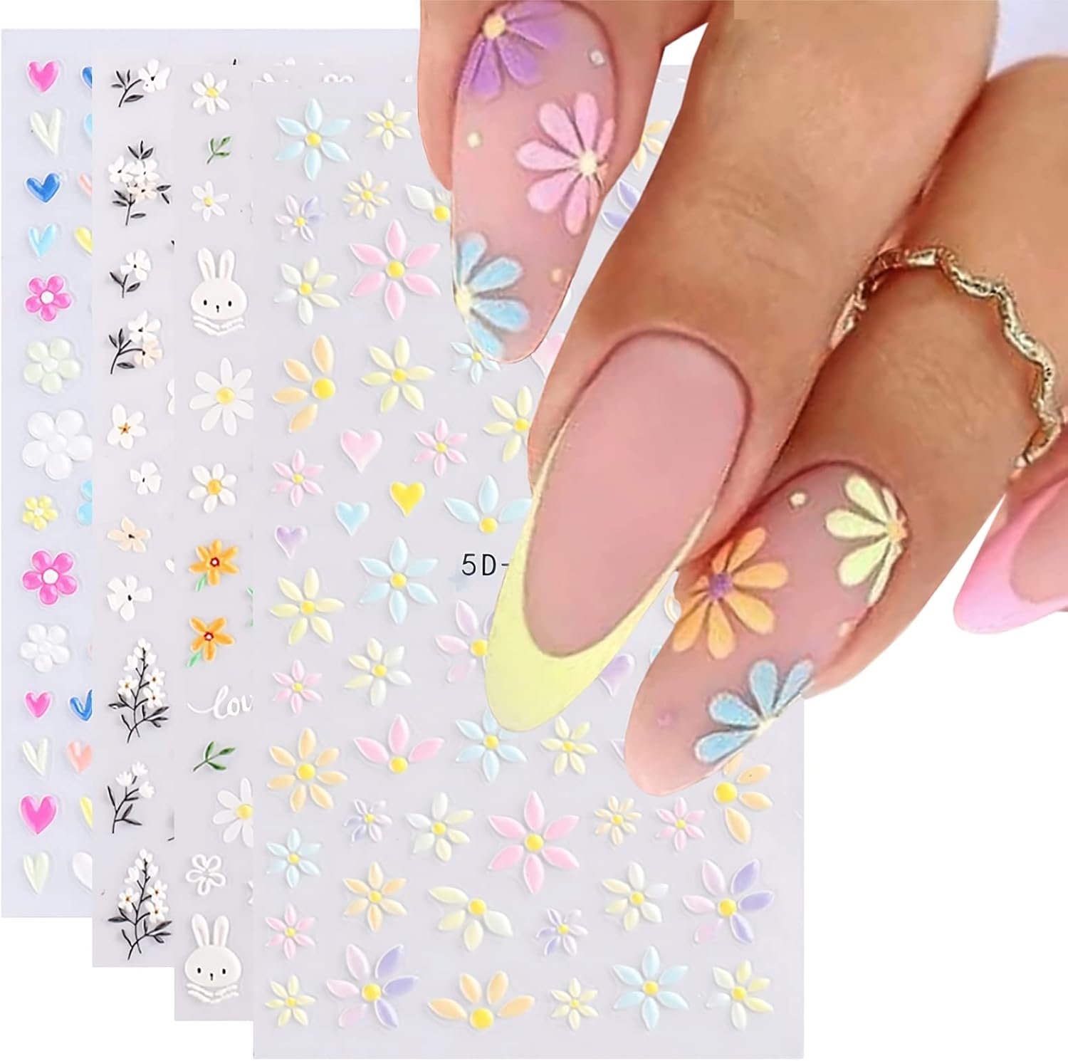 Spring Daisy Flower Nail Stickers 5D Embossed 