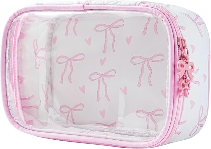 Transparent Pink Bow Makeup Bag for Women & Girls